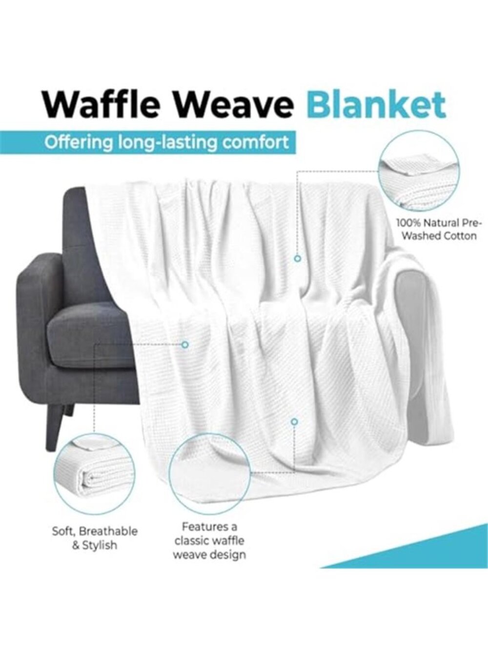 White Cotton Waffle Weave Blanket Lightweight Breathable Throw Bed Sofa Summer - Picture 4 of 7